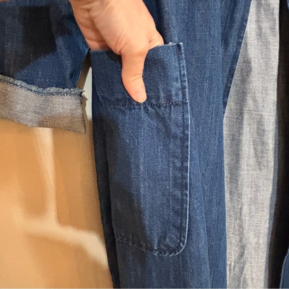 Gap Sz S Long Line Denim Trench Coat Patch Pockets Belt Frayed Edges Blue EUC - Picture 4 of 9